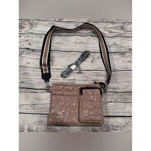 THINK ROYLN Light Brown Patent Puffer Crossbody with 2 Straps
